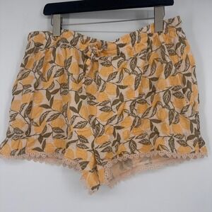 Cottagecore Organic Cotton Gauze Lemon Print Shorts XL Lace Trim Yellow Boho